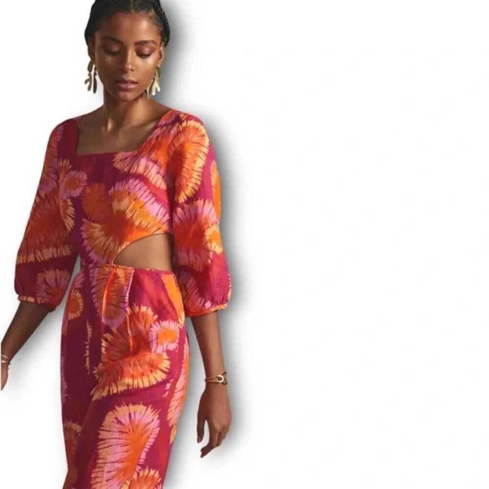FARM Rio x Anthropologie Tie-Back Cutout wide leg linen blend Jumpsuit Tie dye M - Picture 4 of 7